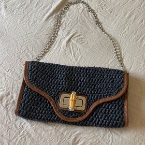 Woven Navy Blue with brown Vegan Leather Trim with Chain-Handle Shoulder Bag